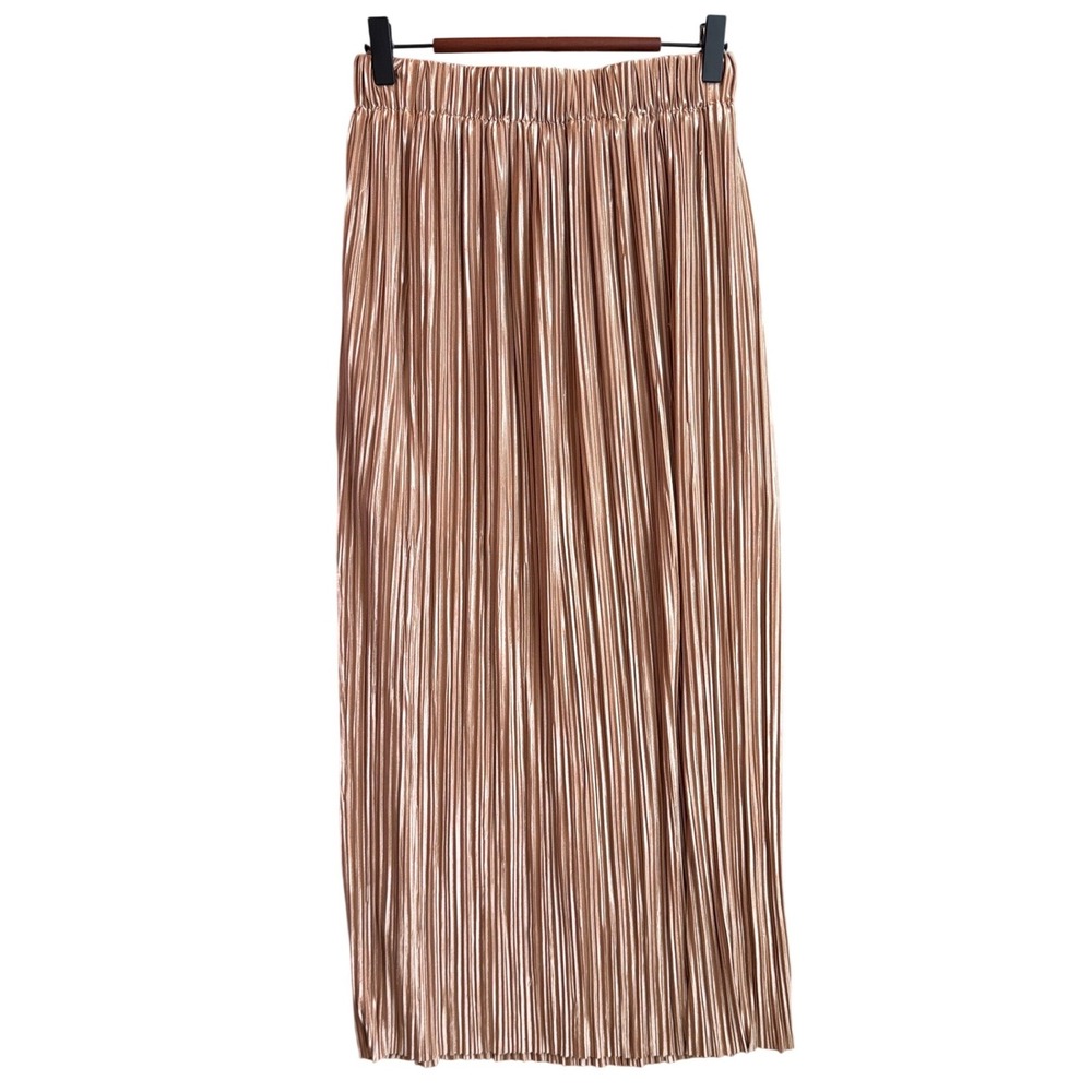 Petal + Pup Pleated Maxi Skirt Women Size 6 Rose Gold Satin Ethereal Party Slit